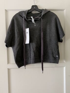 ALO Yoga Realm Short Sleeve Hoodie in Charcoal Heather Size XS